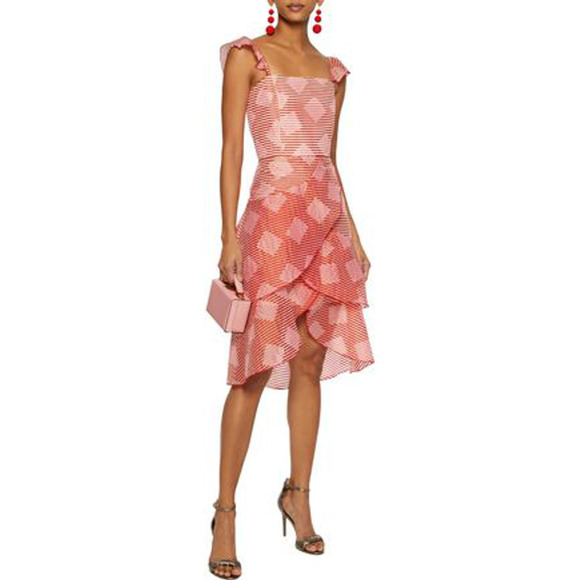 Alice + Olivia Dresses & Skirts - Alice + Olivia Angelita Striped Ruffle Midi Dress Red Pink Square Neck Womens 4